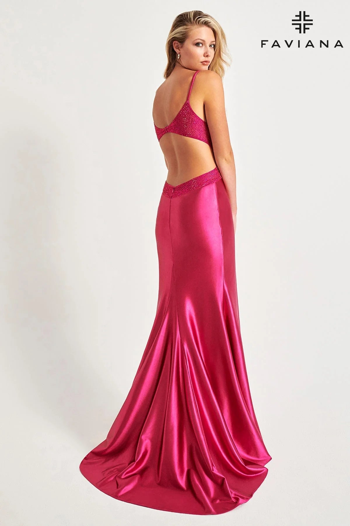 Satin Long Dress With Open Back And Rhinestone Embellishment | 11008