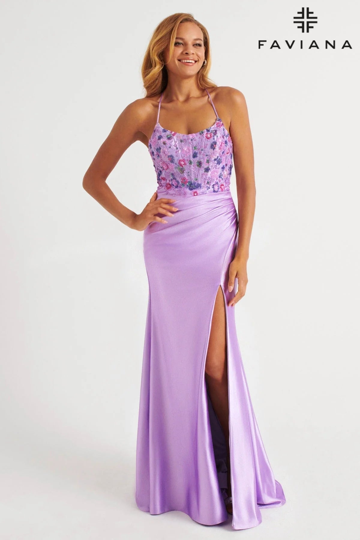 Lilac Scoop Neck Bodycon Satin Dress With Floral Beaded Appliqué Corset | 11252