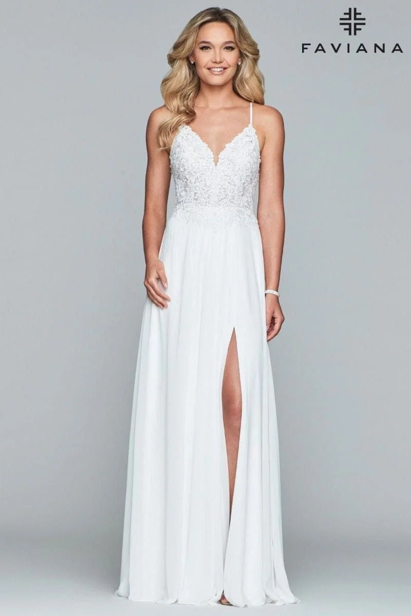 Long Chiffon Cold Shoulder Dress And Lace Applique Bodice