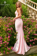 Light Pink Satin Long Dress With Beaded Lace Appliqué | 11002