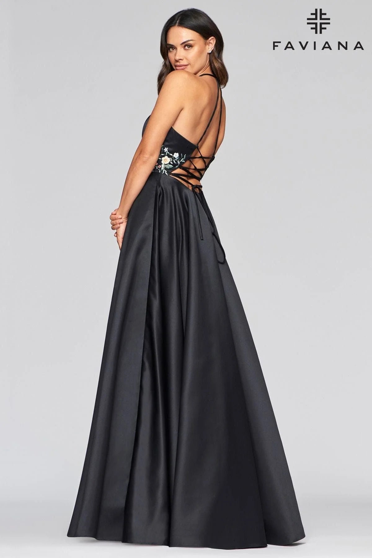 Long Satin Ball Gown With Floral Lace Embroidery