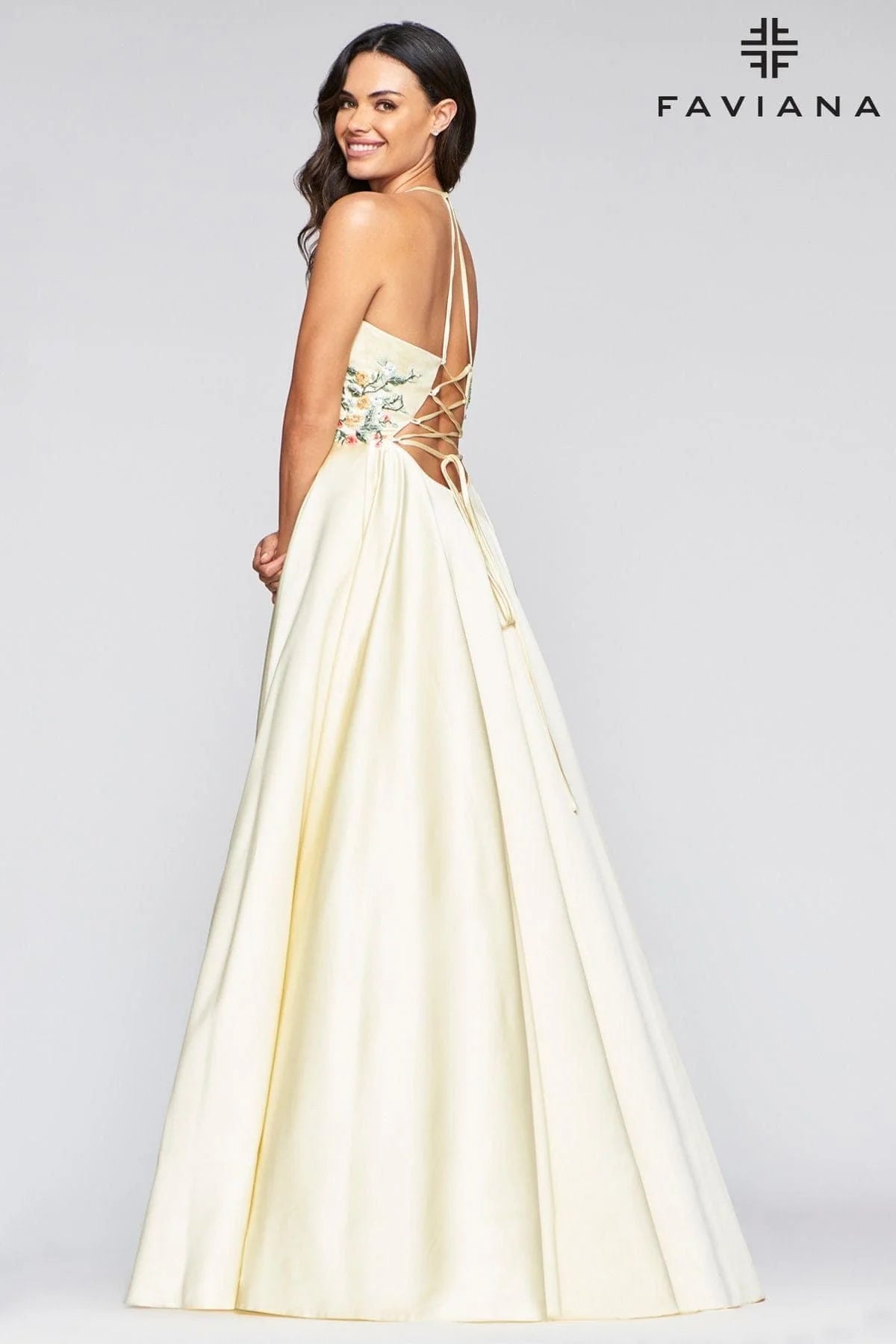 Long Satin Ball Gown With Floral Lace Embroidery