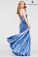 Long Charmeuse Prom Dress With Pleated Skirt And V Neckline