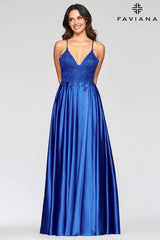 Royal Blue Long Flowy Prom Dress With Lace Bustier And Corset Back