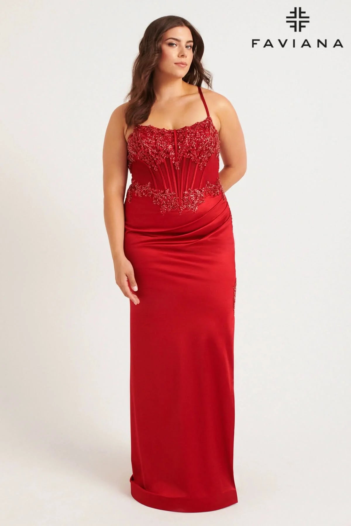 Red Plus Size Satin Corset Dress With Exposed Boning And Beading | 9592