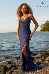 Navy Blue Long V Neck Dress With Beading And Open Back | S10804