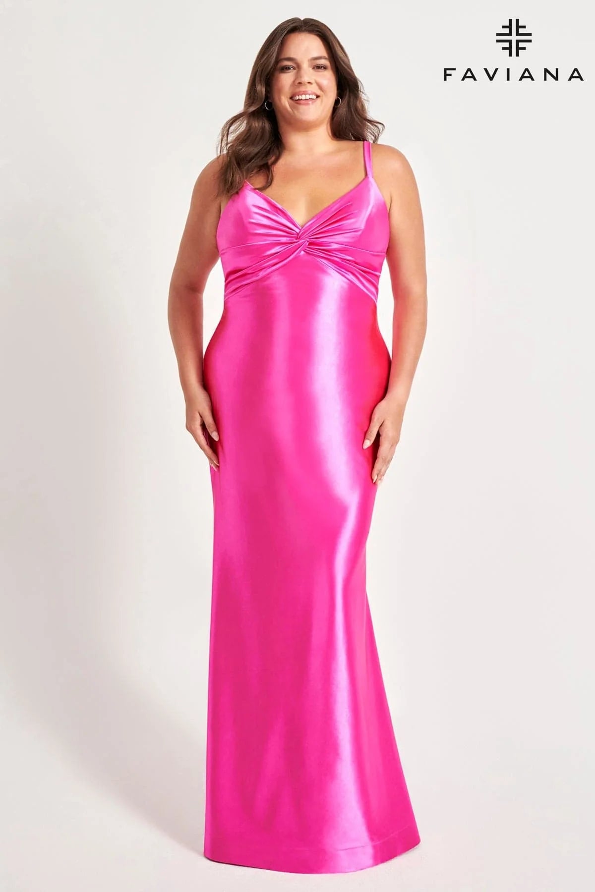 Stretch Satin Hot Pink Plus Size Prom Dress With Knot Detailing | 9549