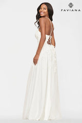 White Long Lace Deep V Neck Dress With Lace Up Back | S10640