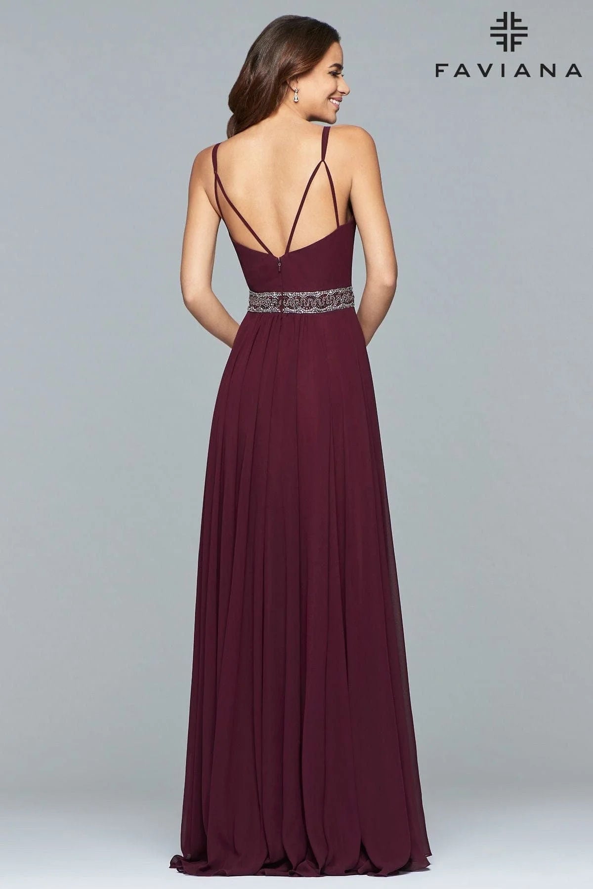 Long Chiffon V-Neck Dress With Beaded Waistband