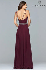 Long Chiffon V-Neck Dress With Beaded Waistband