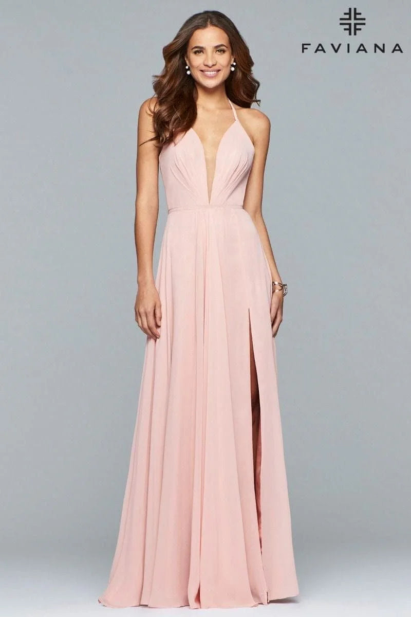 Chiffon V-Neck Evening Dress With Full Skirt And Lace-Up Back