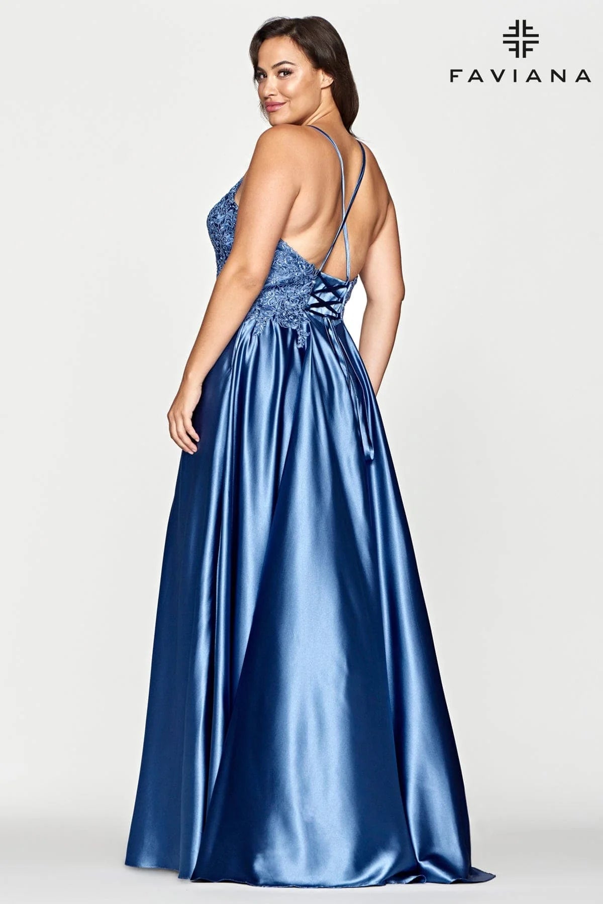 Plus Size Long Flowy Prom Dress With Lace Bustier And Corset Back | 9498