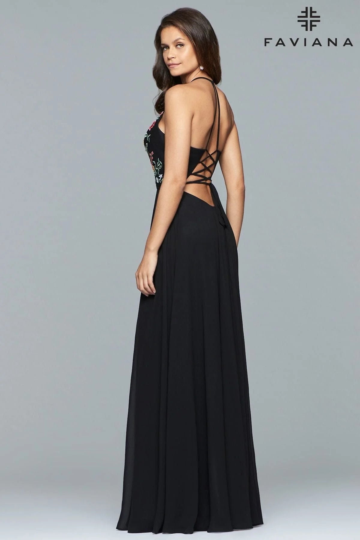 V Neck Long Chiffon Dress With Floral Embroidered Bodice