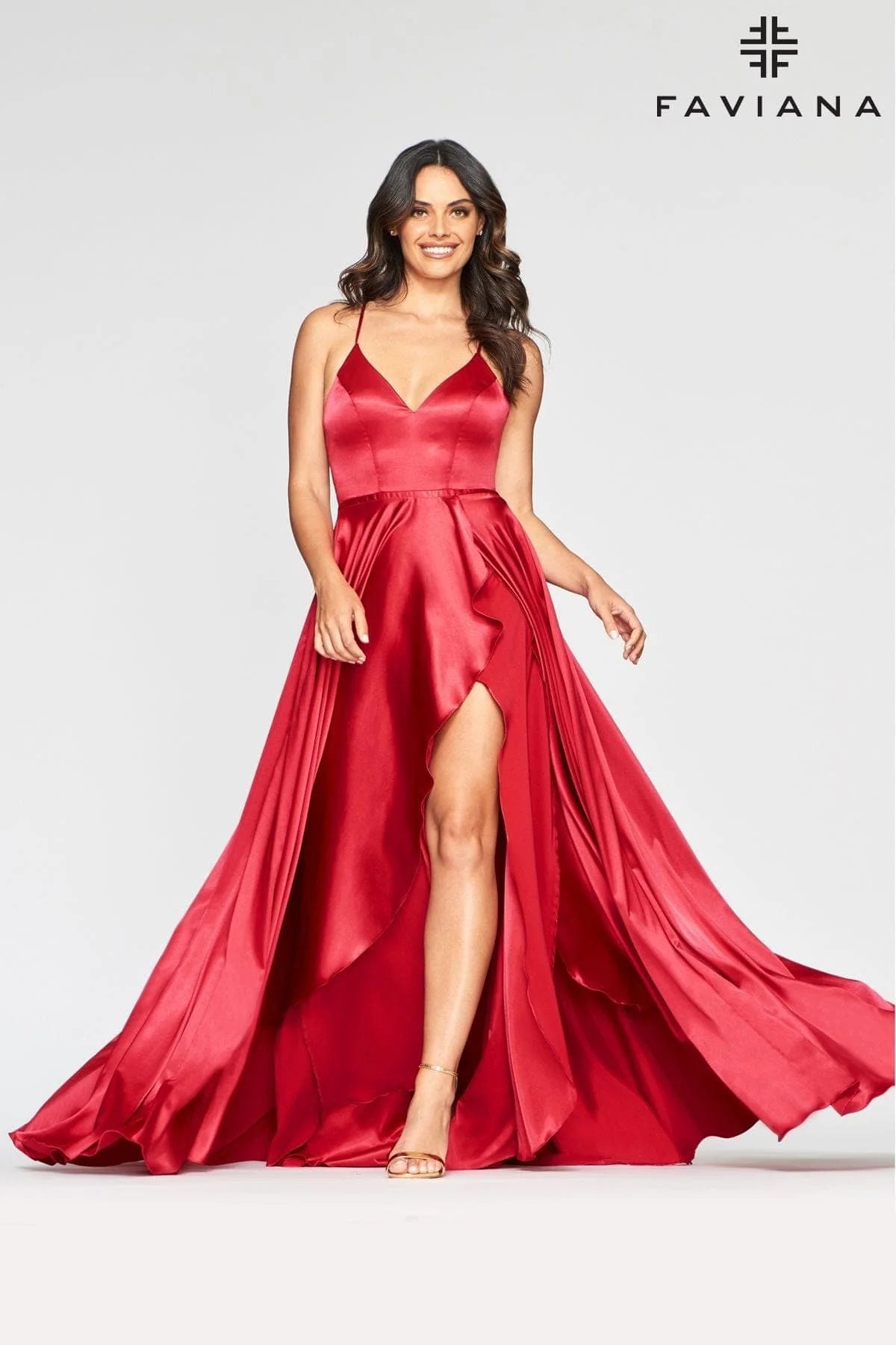 Charmeuse V Neckline Dress With Ruffle Front Slit