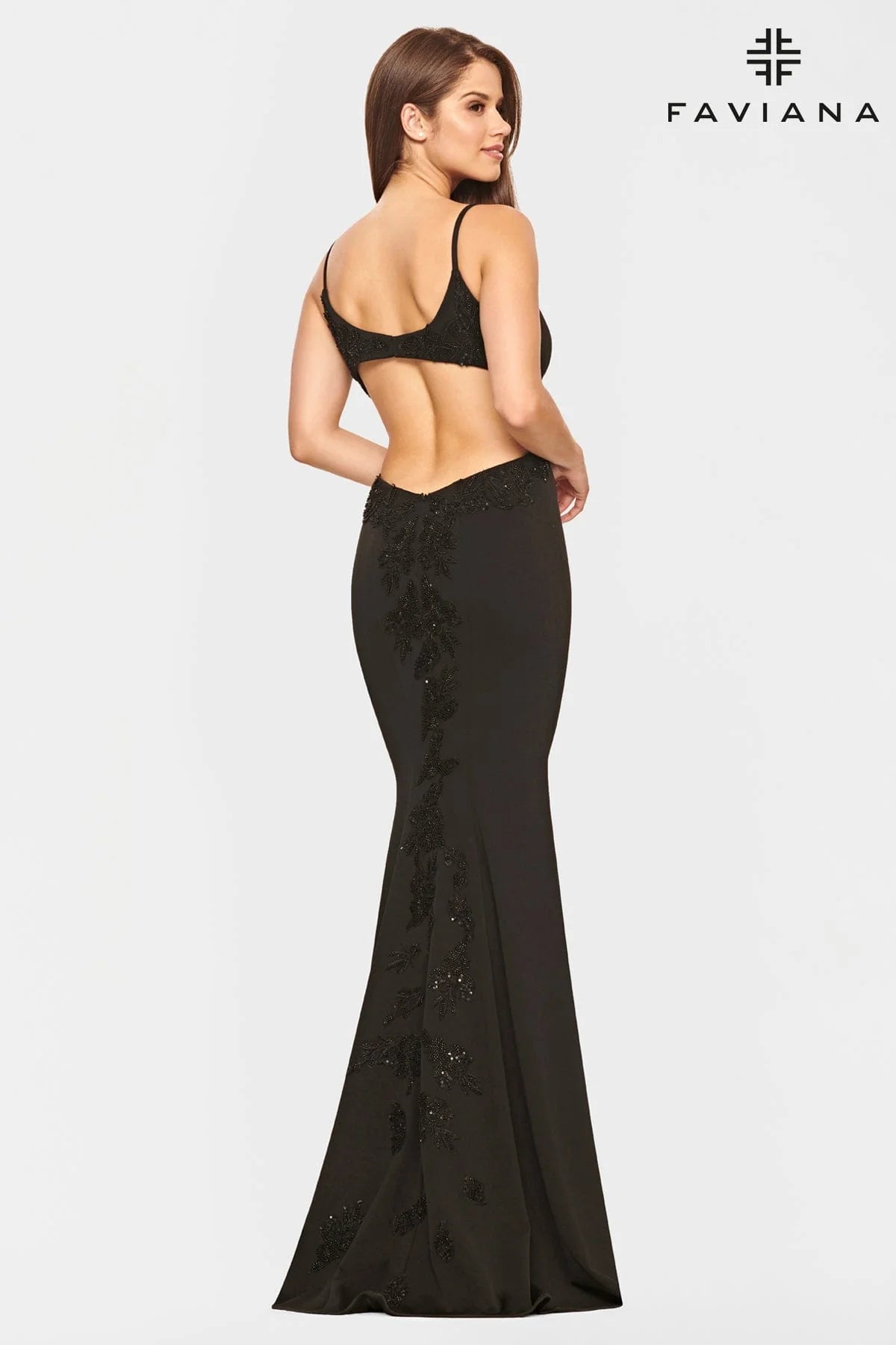 Jersey Long Dress With Beaded Lace Applique And Open Back