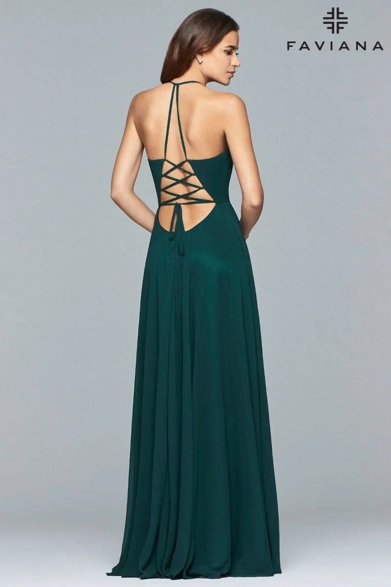 Chiffon V-Neck Evening Dress With Full Skirt And Lace-Up Back