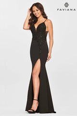 Jersey V Neck Long Dress With Beaded Lace Applique