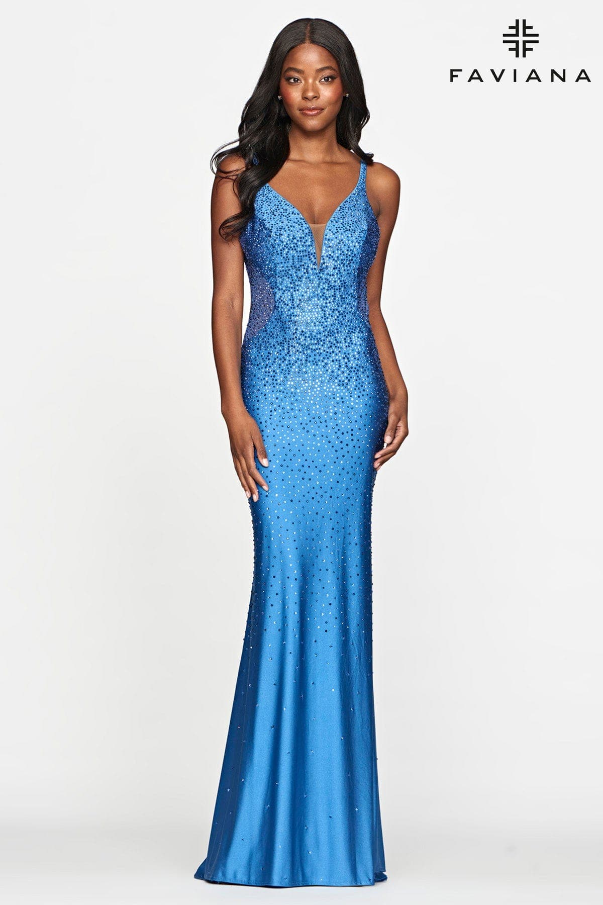 Beaded Open Back V Neck Dress With Rhinestones | S10500