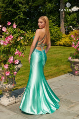 Mint V Neck Prom Dress With Rhinestone Beading And Open Lace Back | S10801