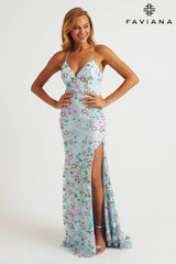 Light Blue V-Neck Multi-Colored Floral Beaded Appliqué Long Dress With Lace-Up Back | 11263