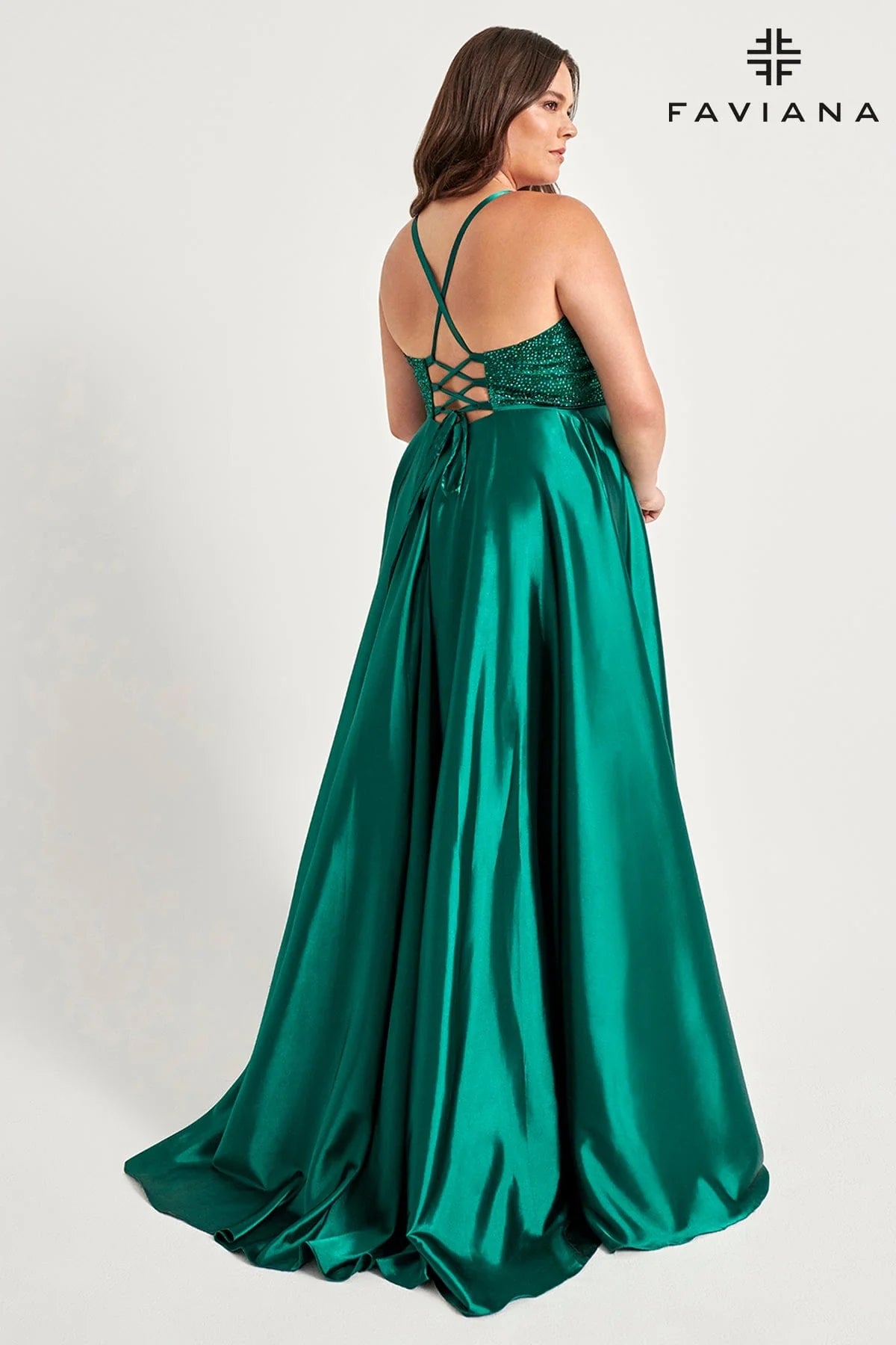 Deep Green V Neck Long Charmeuse Dress With Beaded Bodice