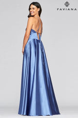 Long Matte Satin V-Neck Lace-Up Gown