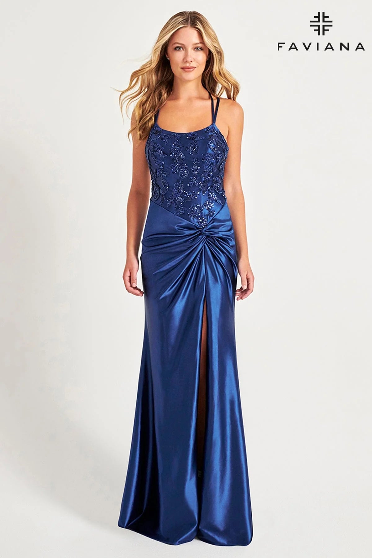 Satin Long Gown With Embellished Sequin Bustier And Knot Waist | 11005