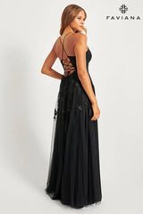 Black Long Lace Deep V Neck Dress With Lace Up Back | S10640