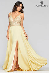 V Neckline Prom Dress With Chiffon Skirt And Mesh Paneling