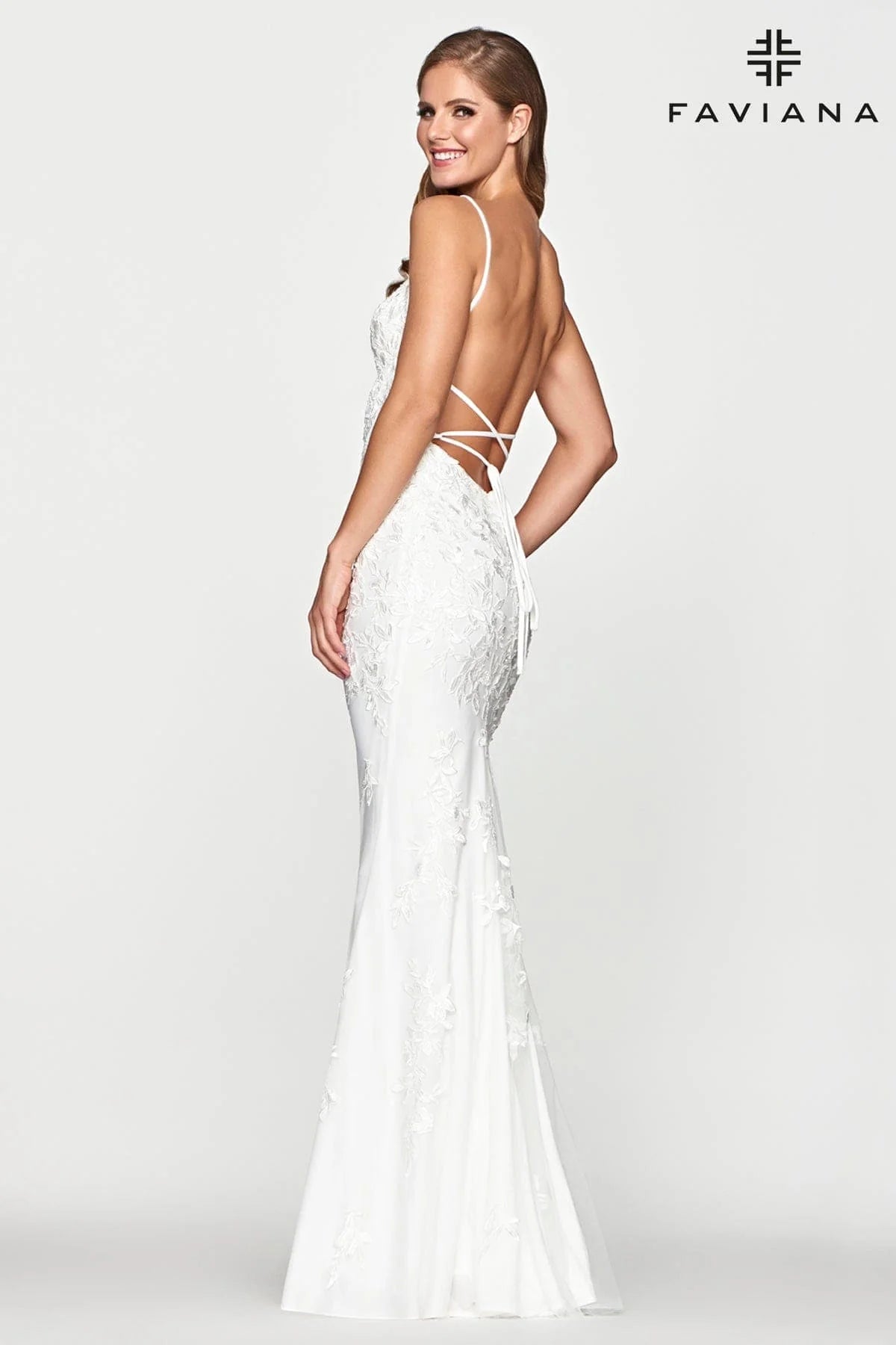 Lace Long Dress With V Neck And Lace Up Open Back | S10508