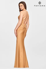 Scoop Neck Long Formal Dress With Ruching Detail On Lower Back