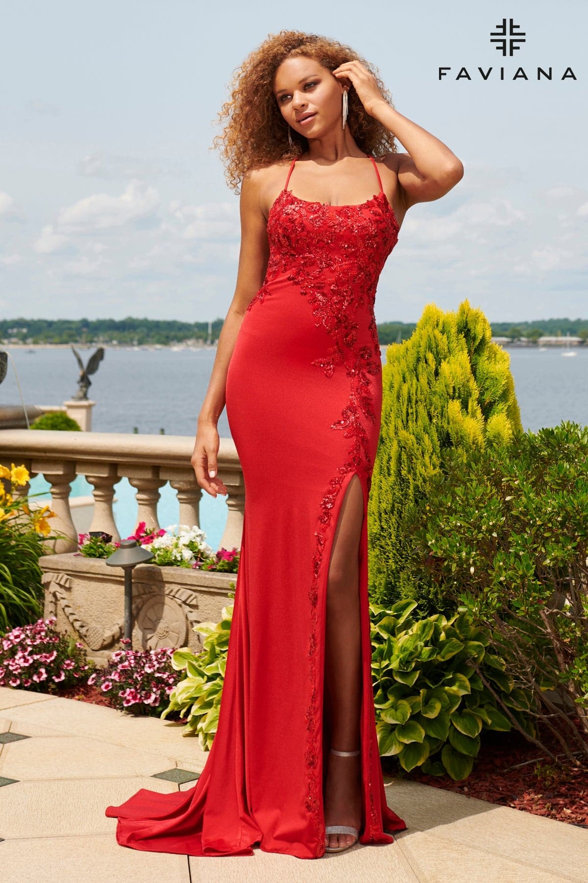 Red Scoop Neck Gown With Sequin Applique And Lace-Up Back | 11017