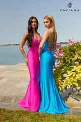 Hot Pink V Neckline Prom Dress With Stretch Fabric And Corset Back | S10826