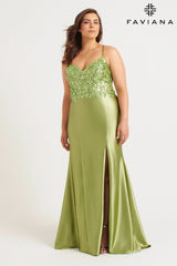 Plus Size Stretch Satin Gown With Bustier Sequin Appliqué | 9563