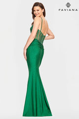 Emerald Green V Neck Dress With Corset Back And Rhinestone Beading