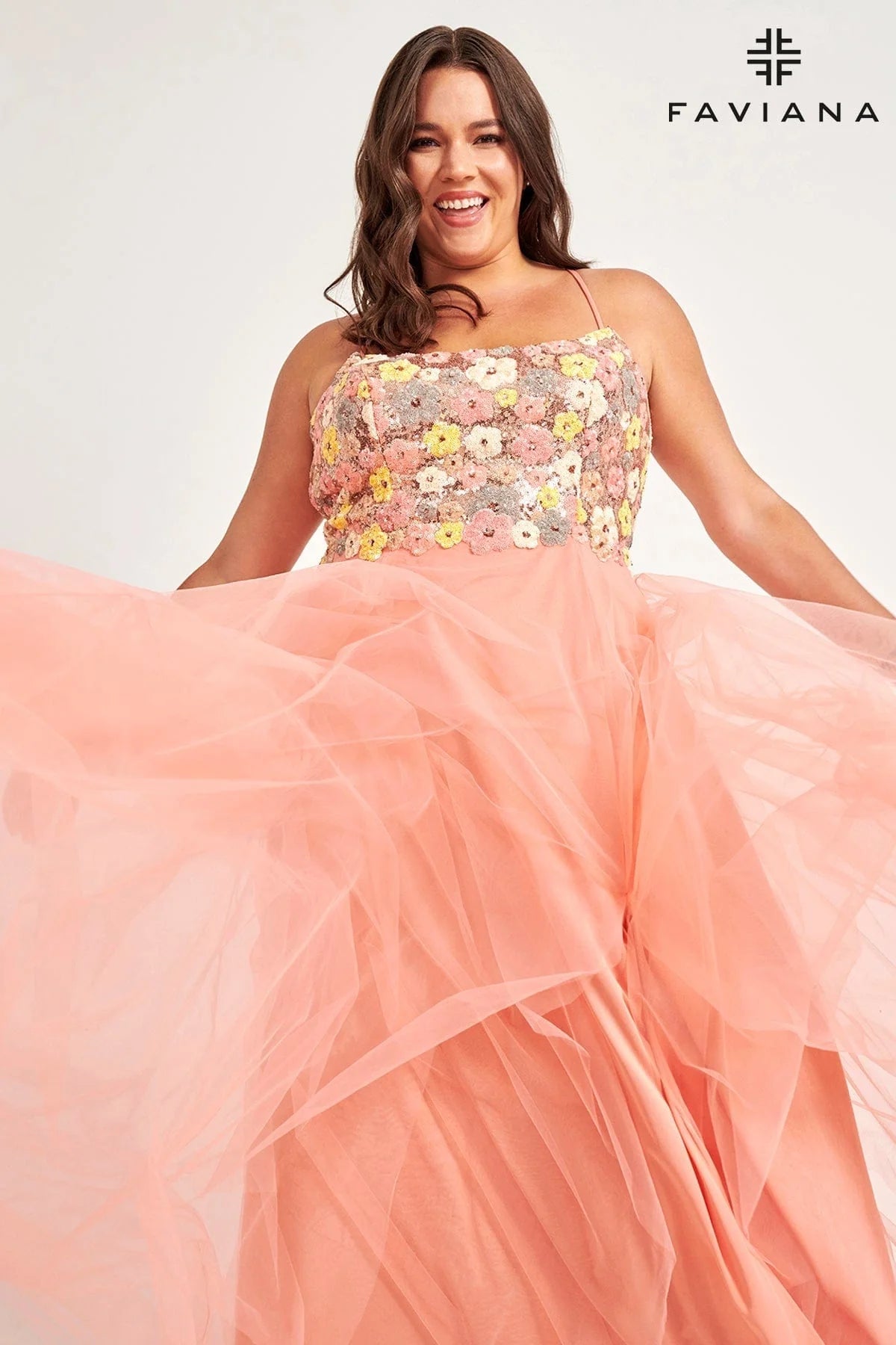 Floral Plus Size Dress With Sequin Bustier And Tulle Skirt | 9557