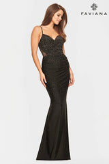 Black V Neck Dress With Corset Back And Rhinestone Beading