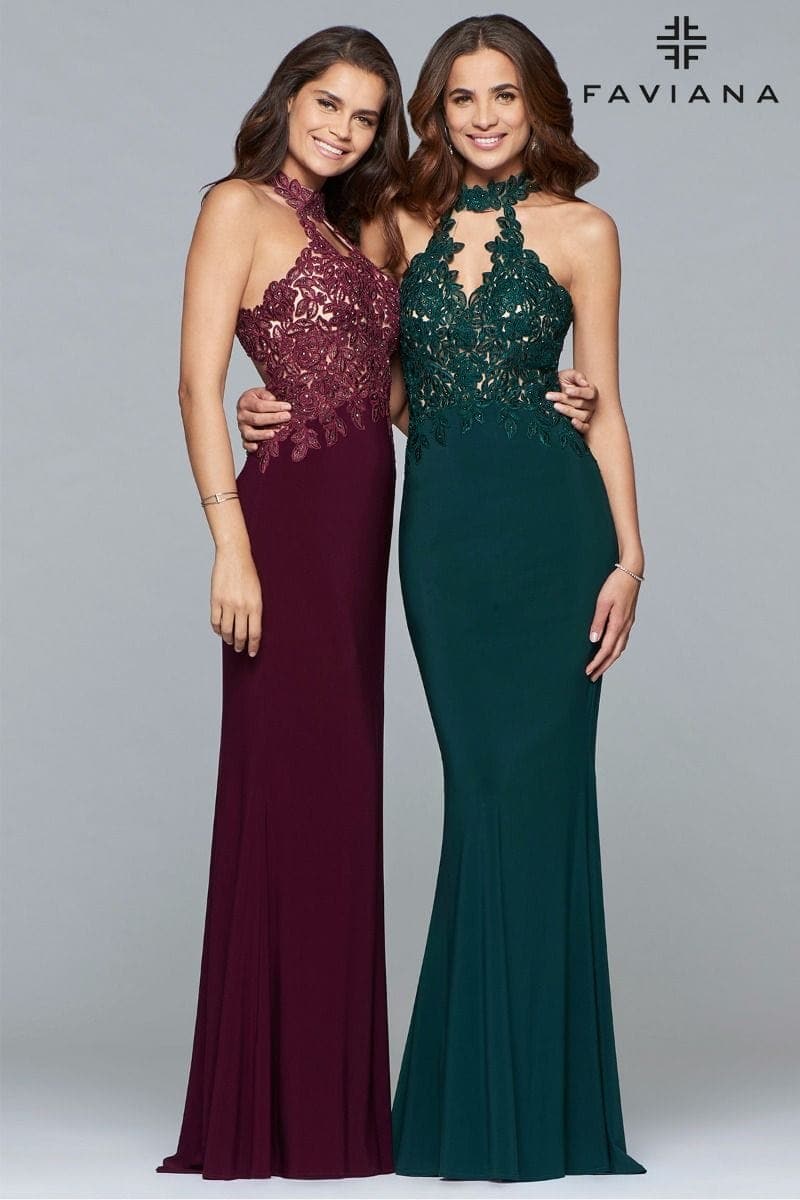 Jersey Halter Evening Dress With Lace Applique Bodice And Choker