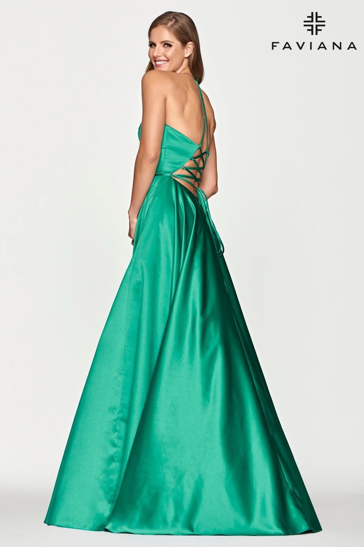 Jade Green Satin Ballgown Dress With Lace Up Back And V Neck | S10252