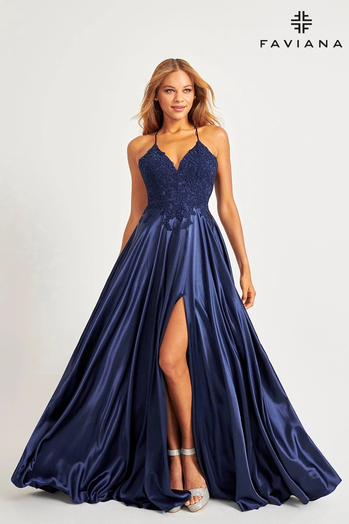 Navy Long Flowy Prom Dress With Lace Bustier And Corset Back