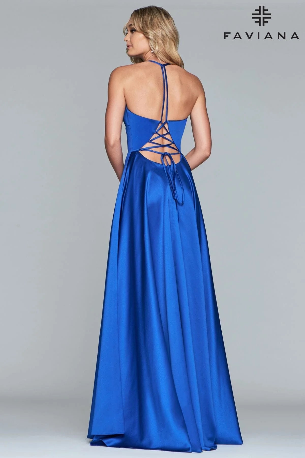 Satin Ballgown Dress With Lace Up Back And V Neck | S10252