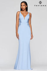 Long V Neck Neoprene Dress With Beaded Applique At Waist And Open Back