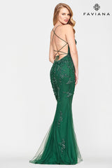 Hunter Green Long Tulle Prom Dress With Beaded Applique And Scoop Neckline | S10634