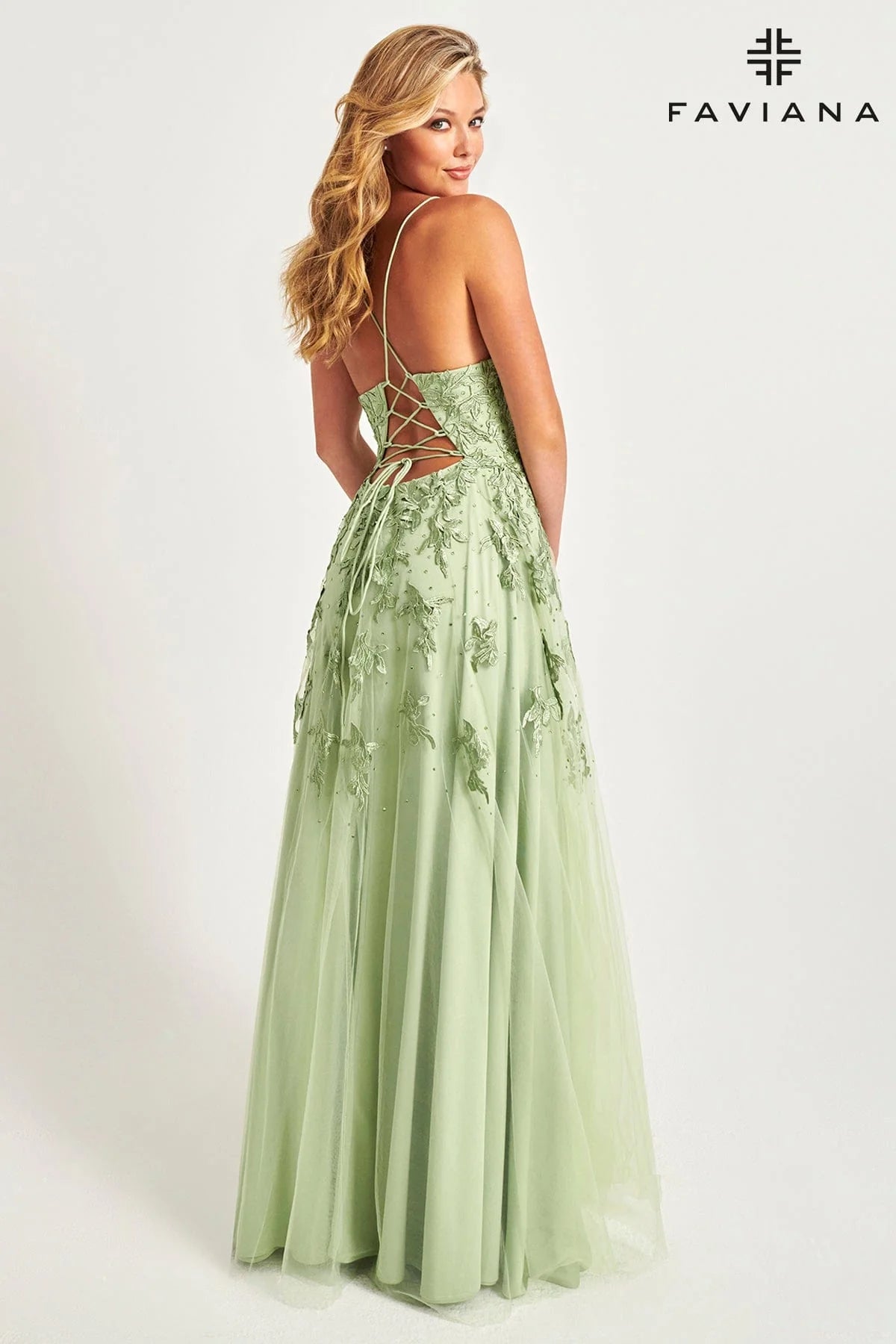 Sage Green Long Lace Deep V Neck Dress With Lace Up Back | S10640