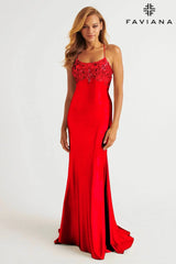 Red Satin Scoop Neck Dress With Sequin Applique And Lace Up Back | E11201