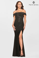 Strapless Off The Shoulder Dress With Beading And Leg Slit