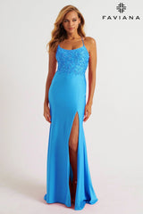 Blue Scoop Neck Stretch Charmeuse Dress With Beading | 11264