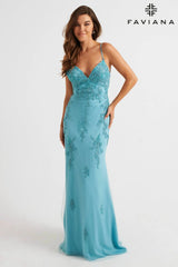 Pacific Blue Beaded Lace Long V Neck Dress With Open Back | S10633