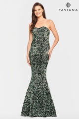 Long Velvet Sequin Strapless Dress With Mermaid Skirt