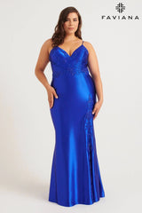 Plus Size Sleek Satin V-Neck Dress For Prom With Beading | 9562